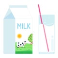 Diary product milk pack with cow on the field and glass of milk with straw flat style design vector illustration isolated on white Royalty Free Stock Photo